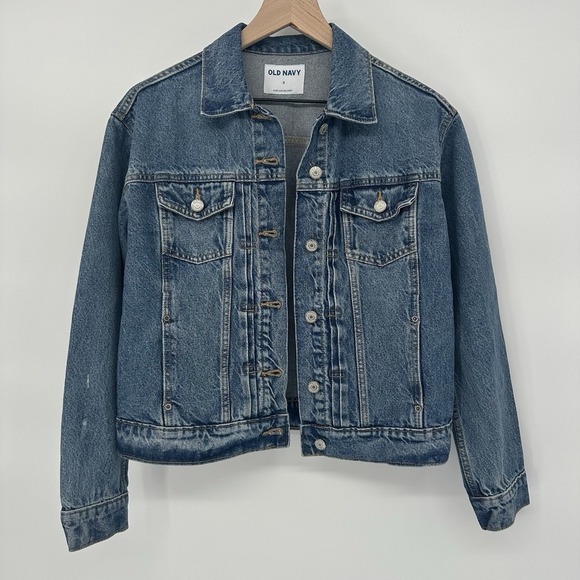Old Navy Women's S- Denim Jacket Blue Medium Wash Lightly Distressed 100% Cotton - Picture 1 of 9